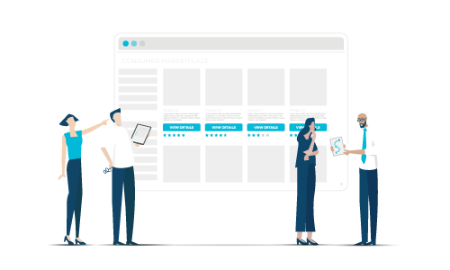 Characters looking at a screen with an illustrative view of a partner listing